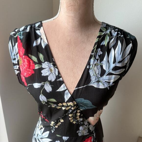 YUMI KIM Santorini Midi Wrap Dress Rain Forest Black Silk Floral Small Wedding - Picture 5 of 15